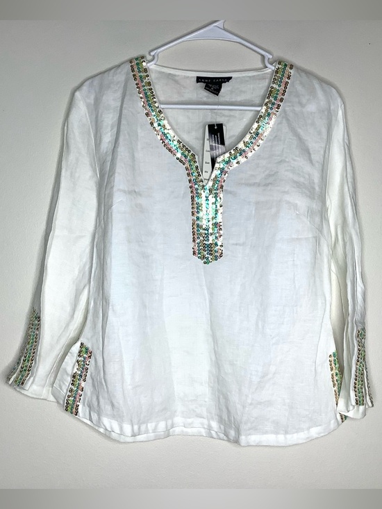 Anne Carson Tops - < Anne Carson 100% Linen White Top With Sequin Neckline Size Medium >